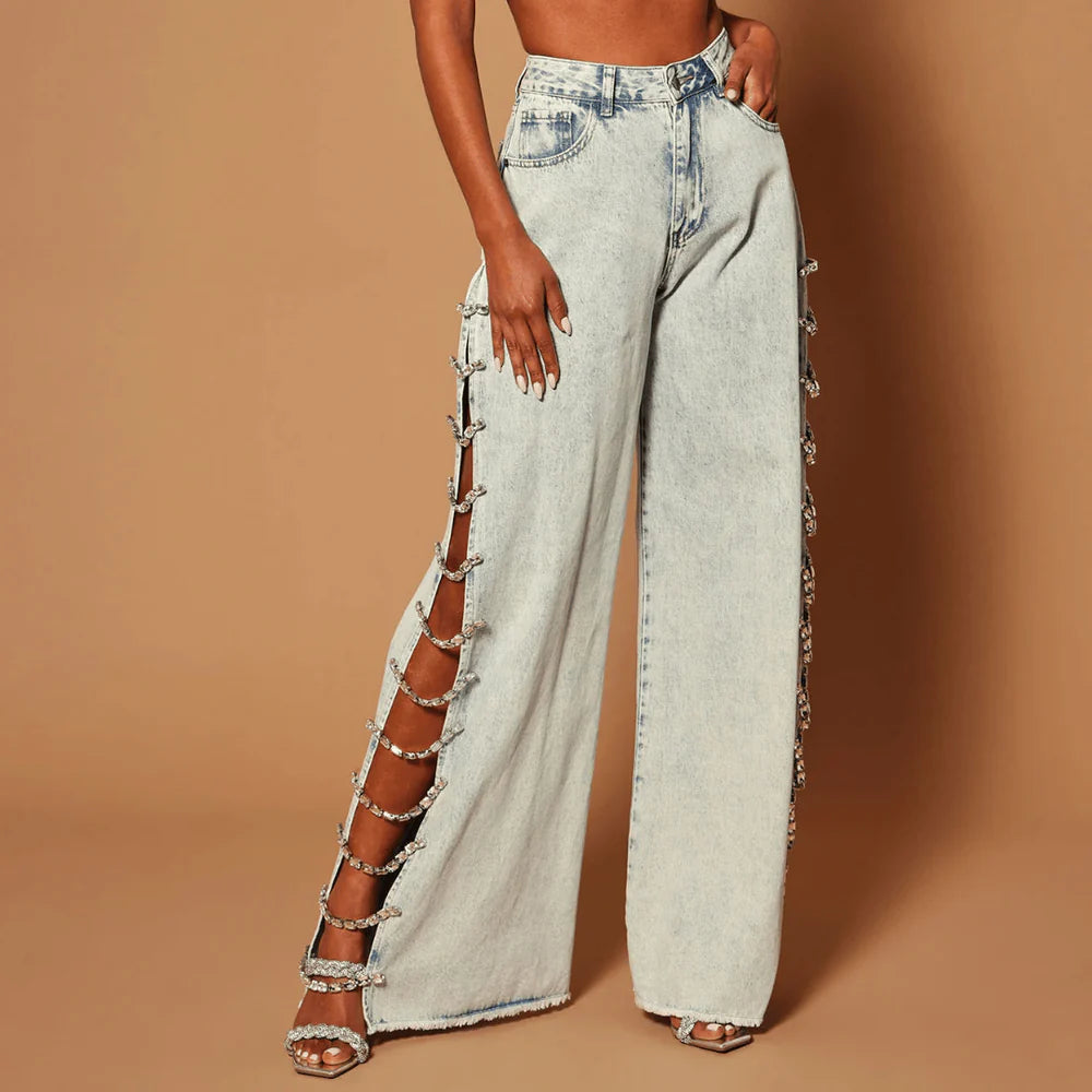 Océane Vêtements - Relaxed Wide Leg Split Side Rhinestone Embellished Jeans