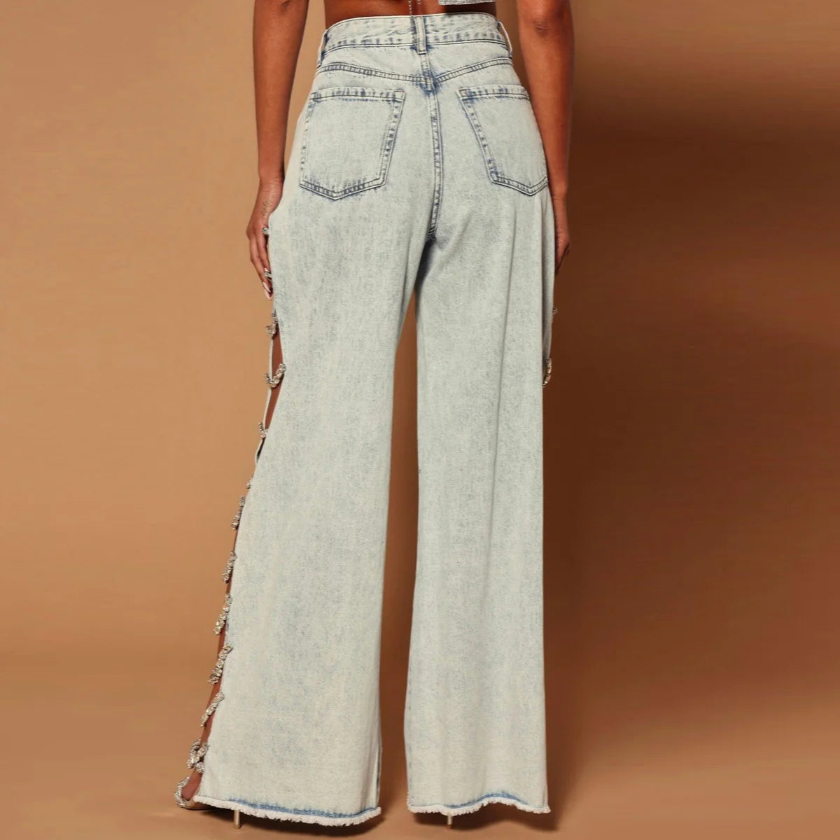 Océane Vêtements - Relaxed Wide Leg Split Side Rhinestone Embellished Jeans