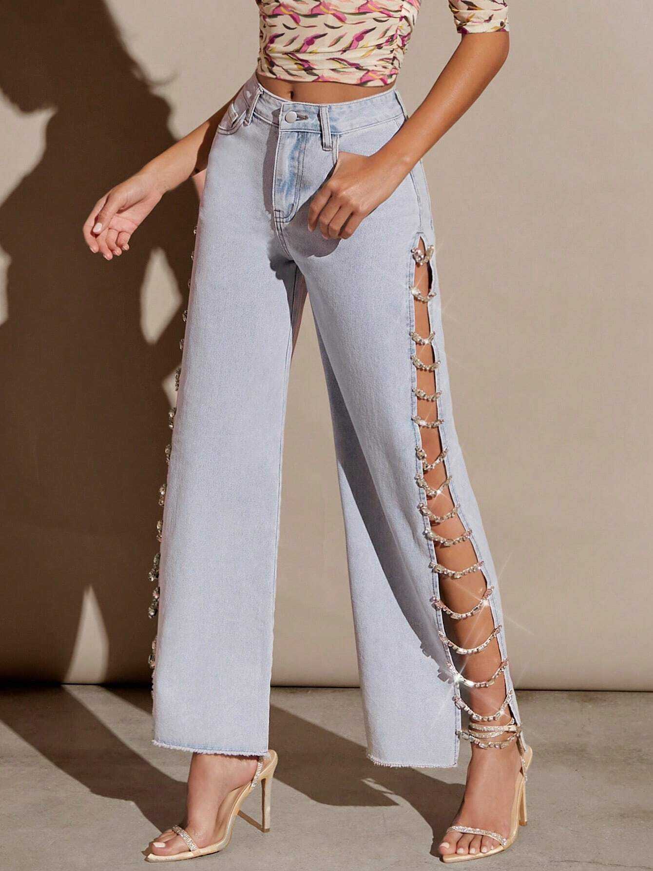 Océane Vêtements - Relaxed Wide Leg Split Side Rhinestone Embellished Jeans