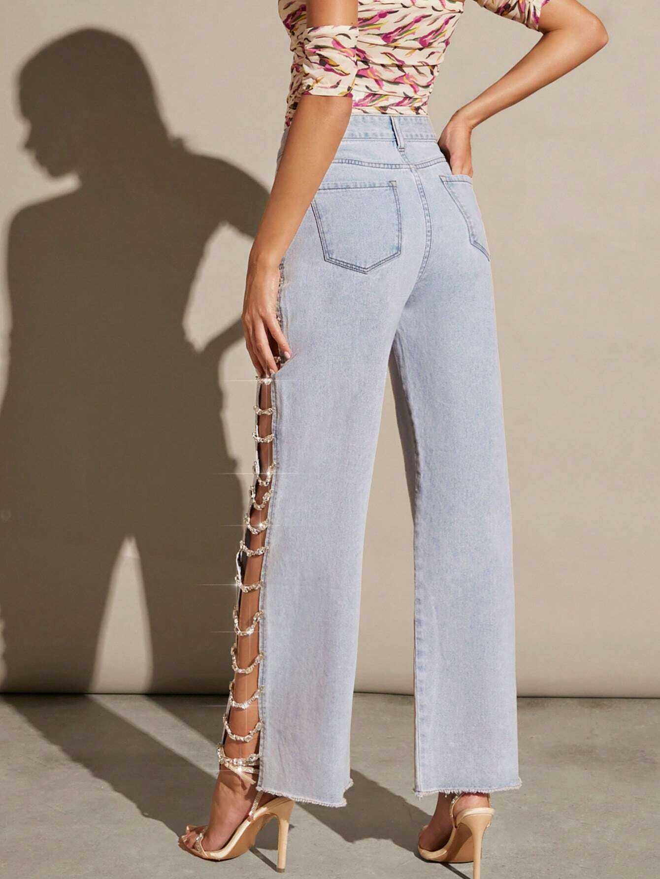 Océane Vêtements - Relaxed Wide Leg Split Side Rhinestone Embellished Jeans