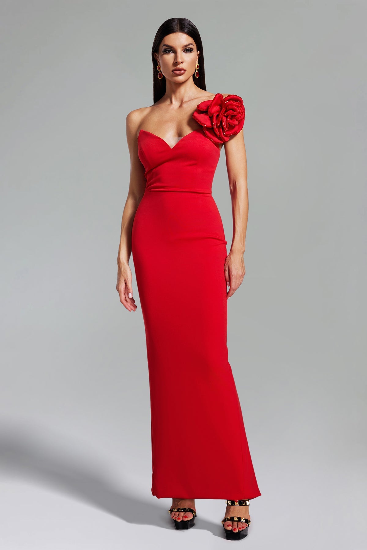 Océane Vêtements -Rose Rouge De L'amour One Shoulder Maxi Dress