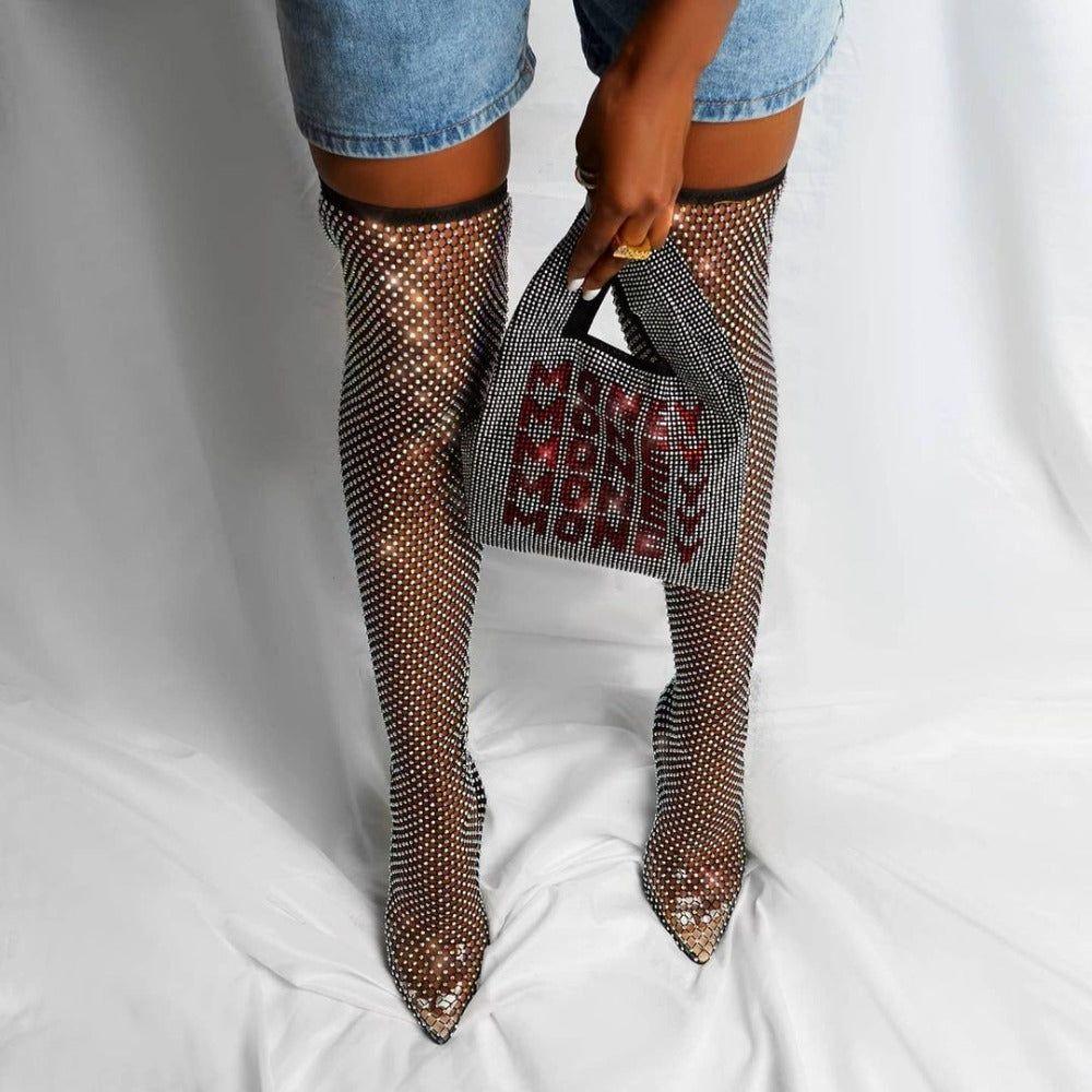 Océane Vêtements -Diamanté Crystal Over The Knee Mesh Heel Boots