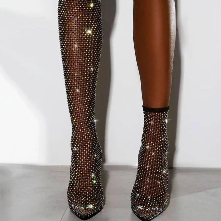 Océane Vêtements -Diamanté Crystal Over The Knee Mesh Heel Boots