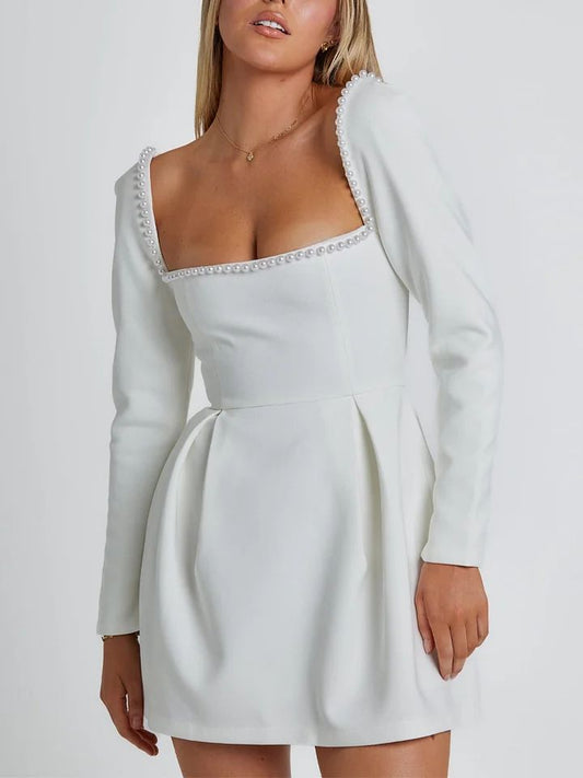 Océane Vêtements - Long Sleeve Square Neck Pearl Laced Dress