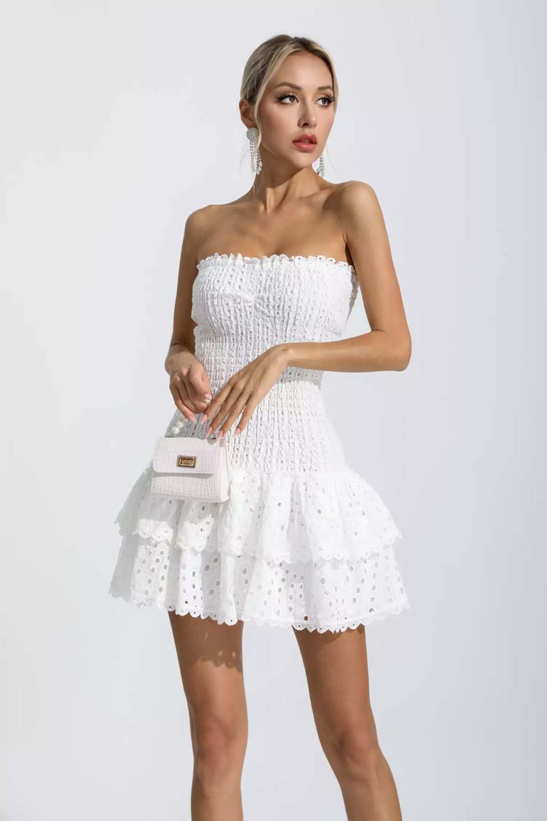 Océane Vêtements - Mont Blanc Strapless Eyelet Bodycon Ruffle Mini Dress.