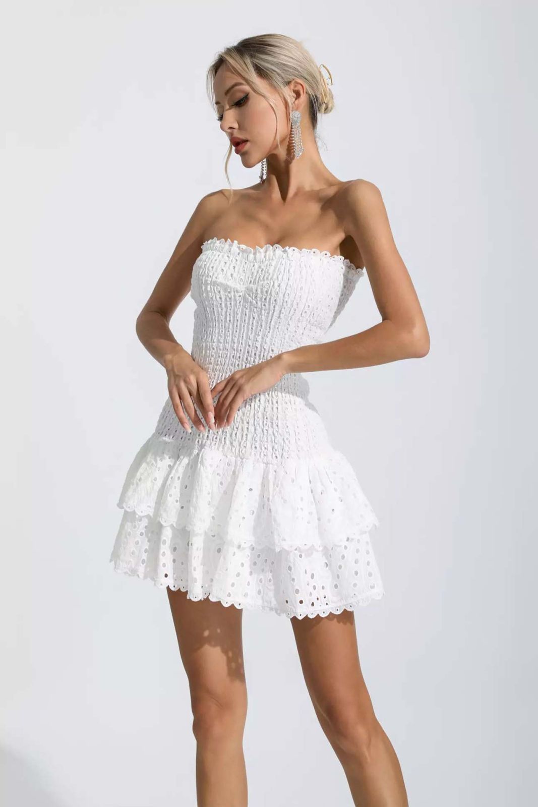 Oceane Vetements Mont Blanc Strapless Eyelet Bodycon Ruffle Mini Dress